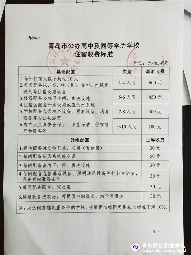 青岛财经职业学校学生公寓收费公示